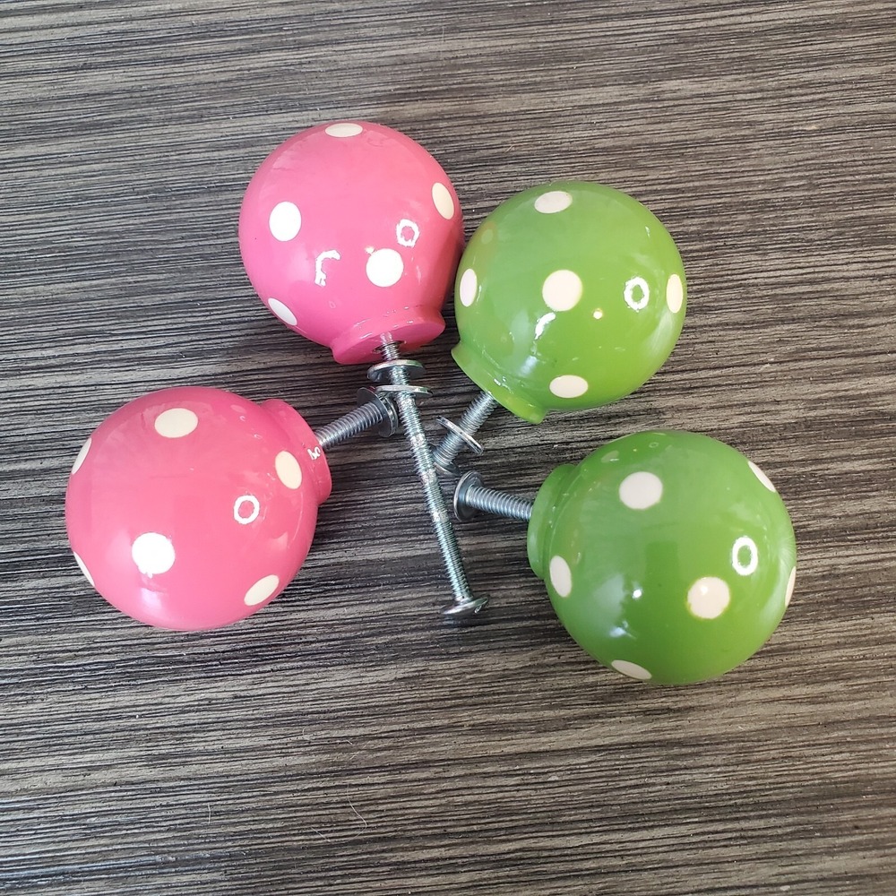 Polka Dot Ceramic Ball (4) Drawer Pulls Round Handles - 2 Lime Green, 2 Pink